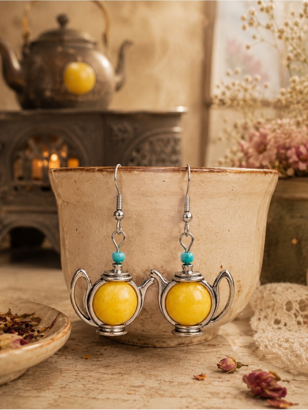 Handmade Antique Silver Teapot Earrings Whimsical Dangle Jewelry with Beads Gift